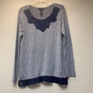 Karen Brooks Knit Top Womens M Blue Excellent Lace Trim Chiffon Hem Tunic